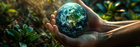 Human hands holding Earth globe over green grass.の素材