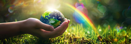 Hands holding Earth with rainbow and sunlight in grass.の素材