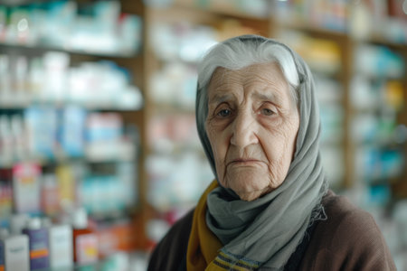 Elderly woman in a pharmacy. Healthcare and Agingの素材