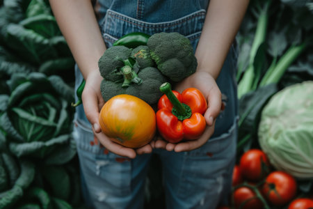 Hands holding broccoli, a tomato, and a pepper against a backdrop of vegetables.の素材