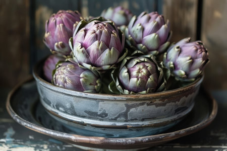 Artichokes in metal bowl on vintage table.の素材
