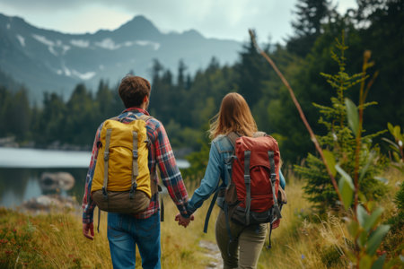 Couple hiking on a mountain trail with flowersの素材