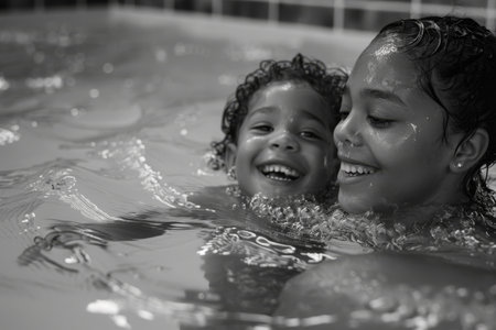 Black and white of baby and mother playing in waterの素材