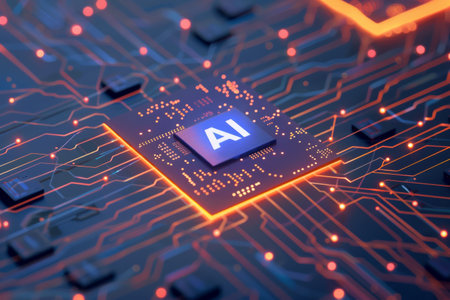 AI chip on illuminated circuit board, technology concept.の素材