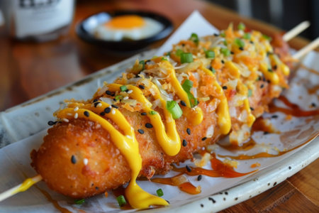 Korean corn dog with mayonnaise and sauce on plate.の素材