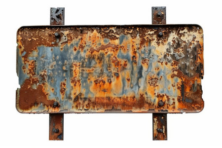 Worn rusty metal sign isolated on white.の素材
