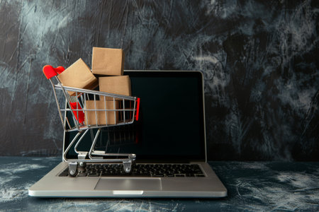 Cart with boxes on laptop with dark screen backdropの素材