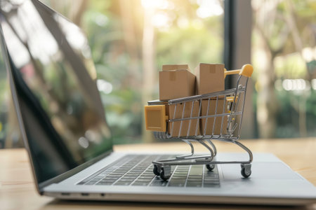Shopping cart on laptop keyboard, e-commerce, digital purchaseの素材
