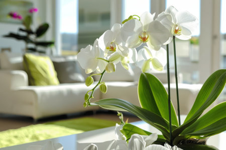 White orchids with light, spacious interior backdrop, serene ambianceの素材
