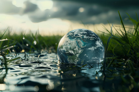 Earth globe on grass with water reflection at sunsetの素材