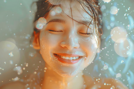Girl enjoying water on her face.の素材