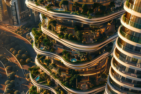 Illuminated green building at night with luxurious living spacesの素材