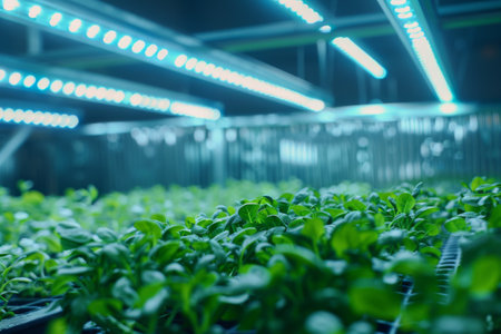 Young plants on hydroponic farm under blue LED lamps.の素材