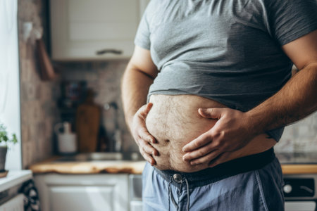 Man holding belly in kitchen. excess weight.の素材