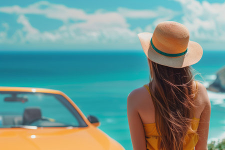 Woman with hat looking at ocean by carの素材