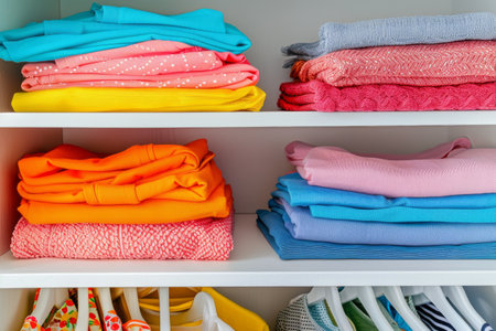 Colorful folded clothes on shelves. Wardrobe organizationの素材
