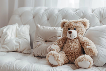 Plush teddy bear sitting on white couch with pillows.の素材
