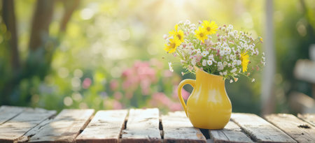 Yellow pitcher with flowers on wooden table.の素材