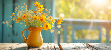 Yellow pitcher with flowers on wooden table.の素材