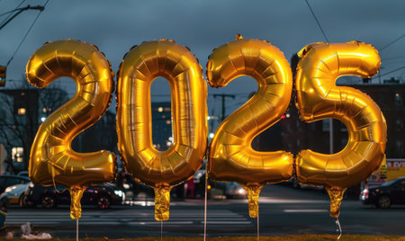 Golden balloon digits 2025 against city background.の素材