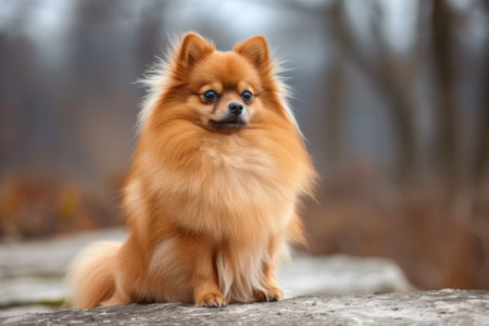 Pomeranian Spitz against autumn landscape.の素材