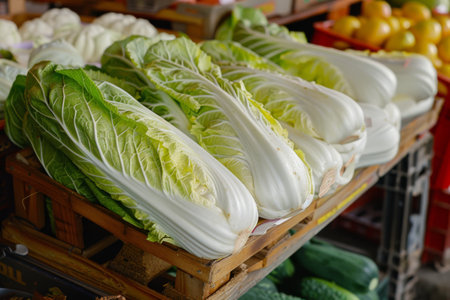 Chinese cabbage heads in wooden crate.の素材
