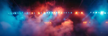 Concert scene with bright light beams and smoke.の素材