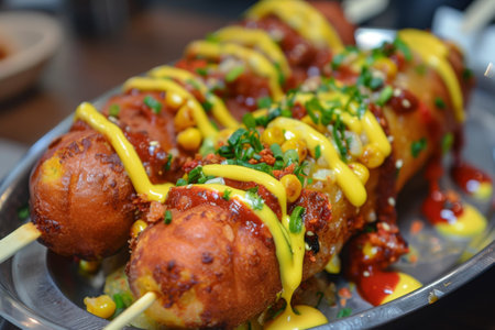 Korean corn dogs with sesame and green onion on dish.の素材