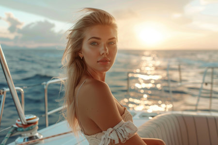 Woman watching sunset from yacht.の素材