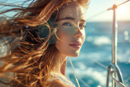 Young woman on yacht with sea background.の素材