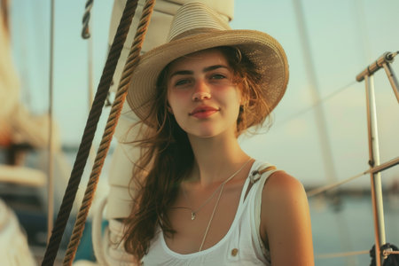 Young woman on yacht with sea background.の素材