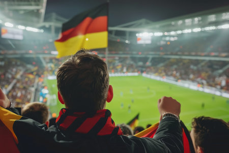 Happy German fan at stadium with flag. Festive football spiritの素材