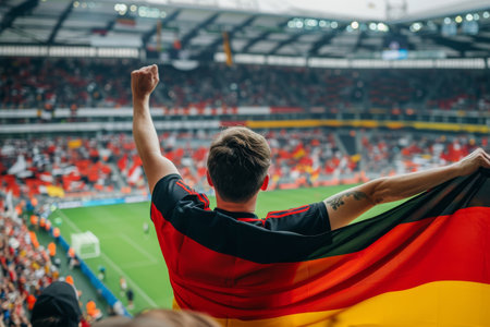 Happy German fan at stadium with flag. Festive football spiritの素材