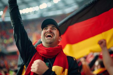 Happy German fan at stadium with flag. Festive football spiritの素材