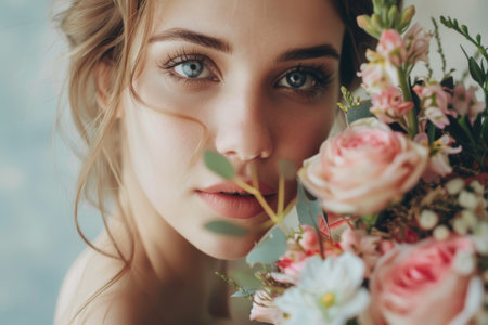 Girl with flowers and a mysterious look, vibrant colors.の素材