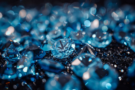 Scattered blue gemstones, glittering with light.の素材