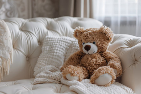 Teddy bear on white sofa with pillow and knitted blanket.の素材