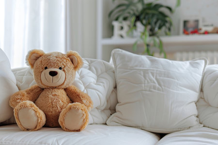 Plush teddy bear sitting on white couch with pillows.の素材