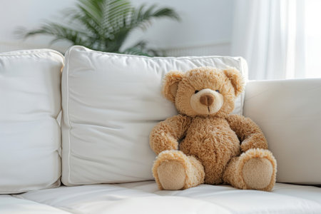 Soft plush teddy bear on a white couch.の素材