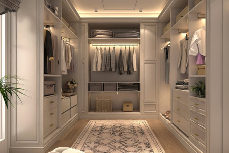 Trendy wardrobe room with wood finish and soft lighting.の素材