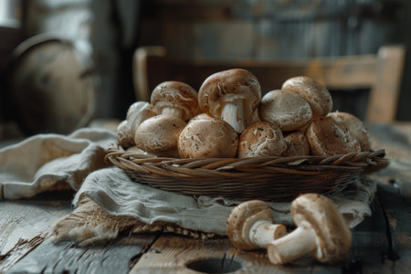 Mushrooms in wicker basket on wooden table.の素材