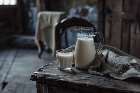 Glass pitcher and cup of milk on wooden table.の素材