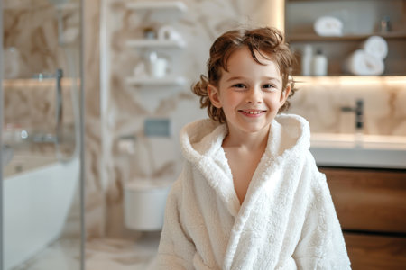 Child in a terry robe with a smile.の素材