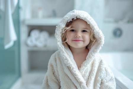Child in fluffy white hooded robe.の素材