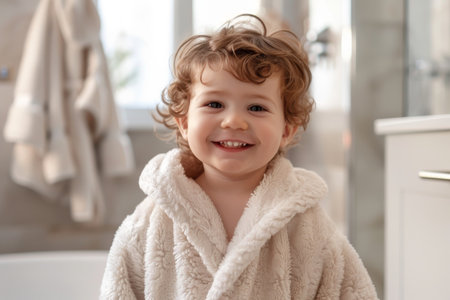 Little child in white robe smiling.の素材