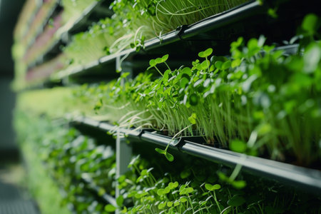Microgreens growing in a vertical farm, efficient use of space.の素材