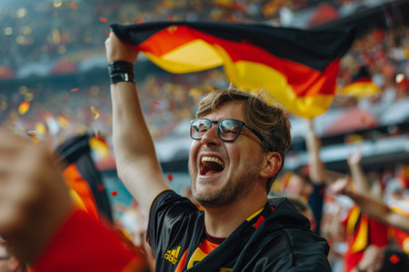 Happy German fan at stadium with flag. Festive football spiritの素材
