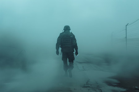 Soldier in military gear walking into fog.の素材
