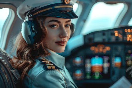 Female pilot in airplane cockpit with headphones.の素材
