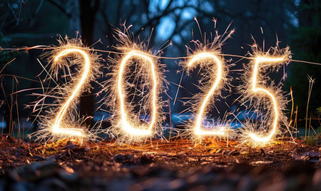 New Year 2025 sparkler writing. New Year celebration with sparkles signifying the arrival of 2025の素材